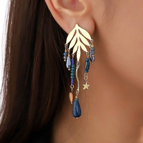 Handmade Gold Tone Leaves Crystal Drop Earrings - Picture 1 of 5